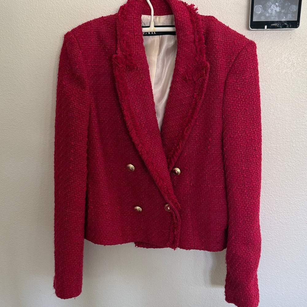 Zara Red Textured Blazer with Gold Buttons